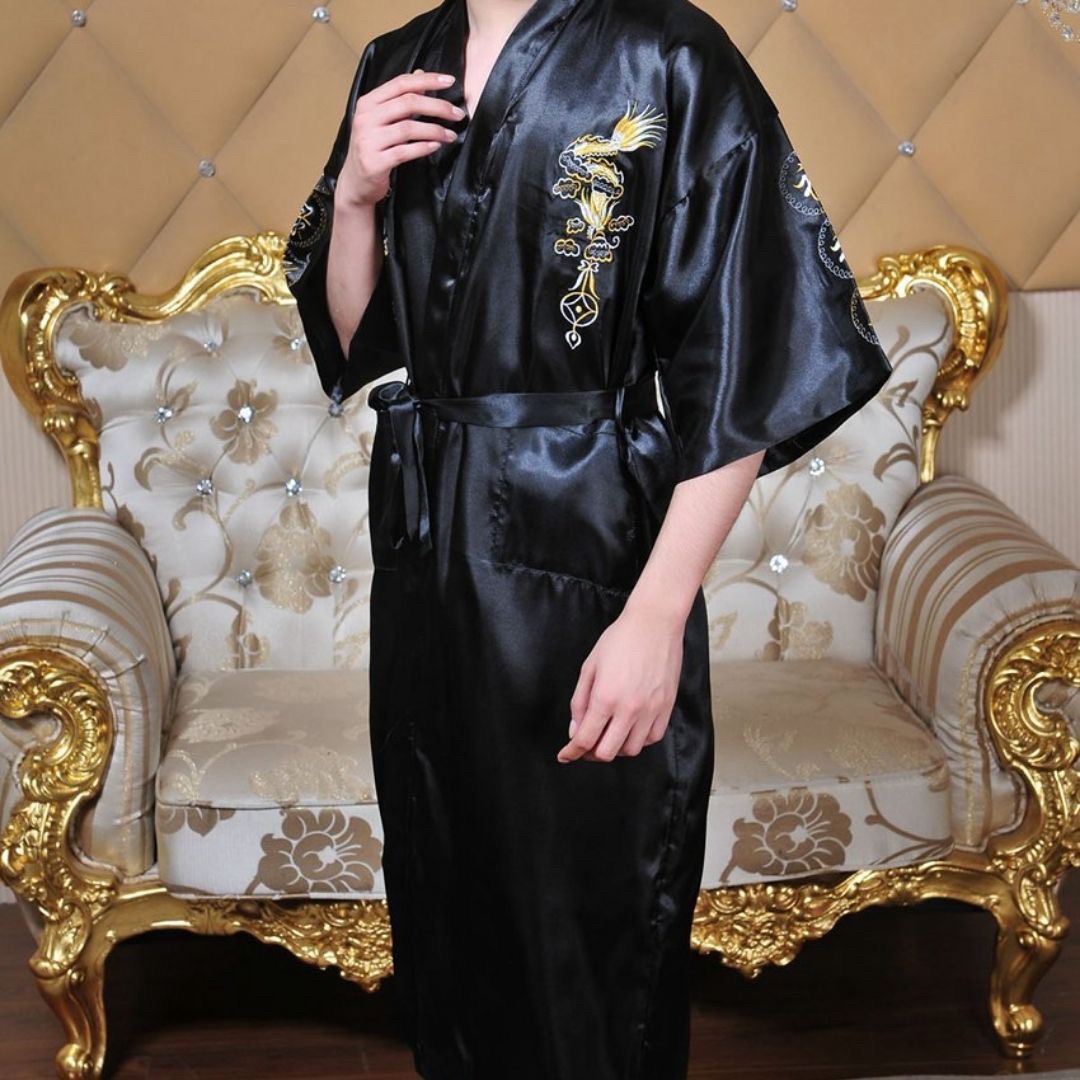 男性ファッション その他 | 龍刺繍サテンシルクバスローブ - 3色展開