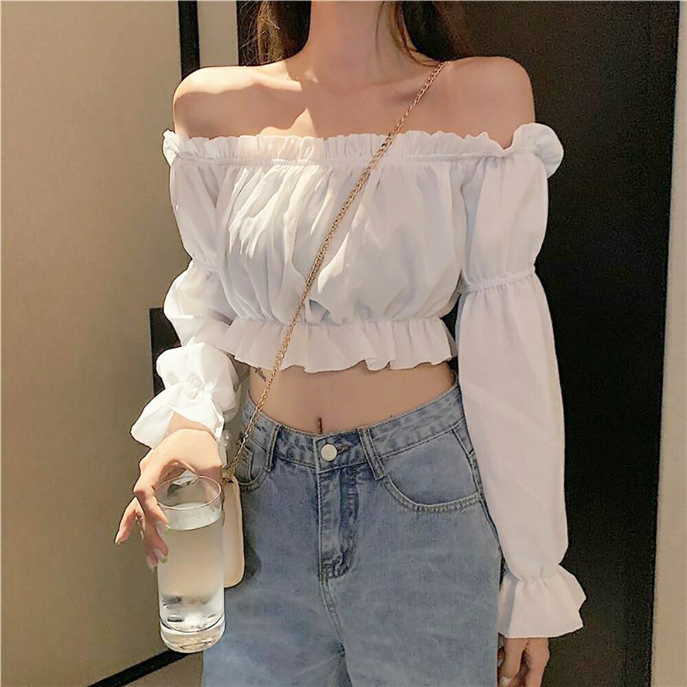 シャツ 女性 | ホワイトオフショルブラウス Mサイズ 春夏向け長袖