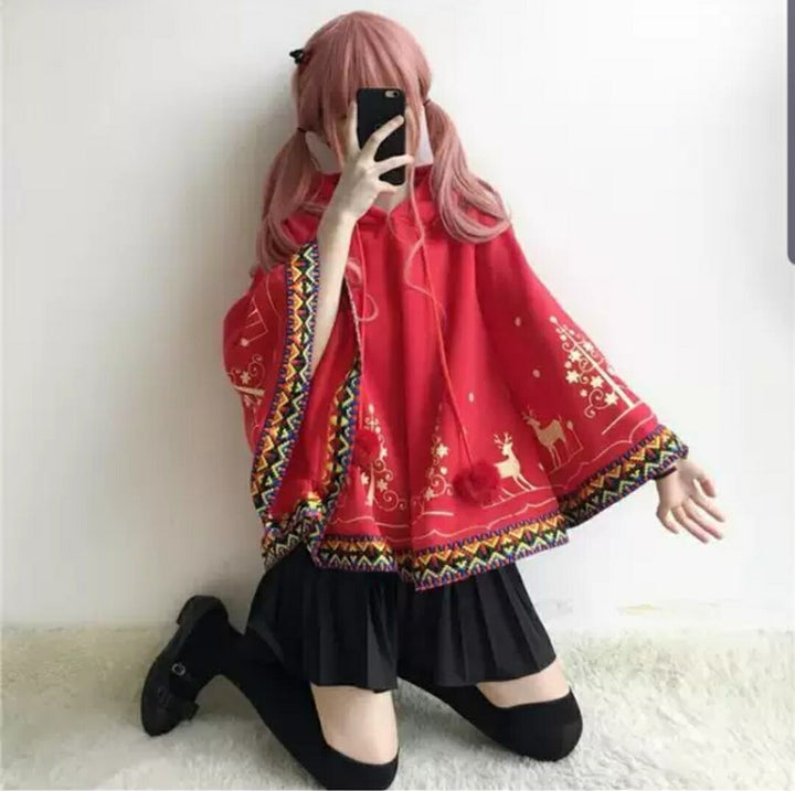 パーカー 女性 | レッド トナカイ柄 クリスマス ポンチョ