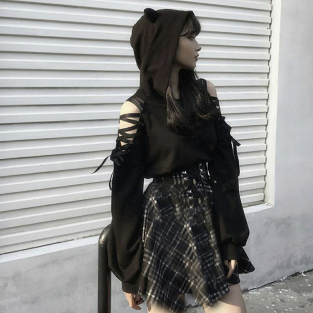 パーカー 女性 | 猫耳オフショルダーパーカー レディース 長袖