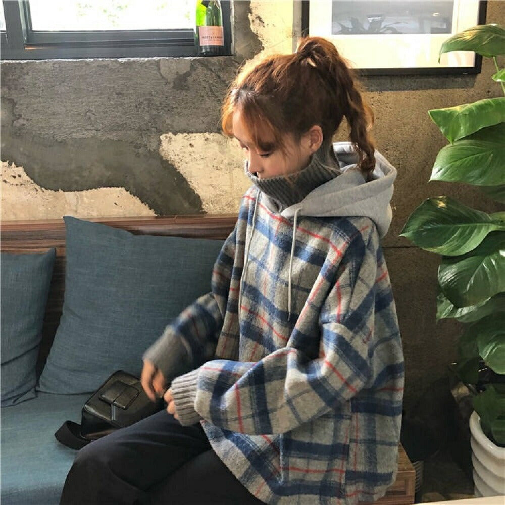 パーカー 女性 | ハイネック チェック柄 オーバーサイズパーカー