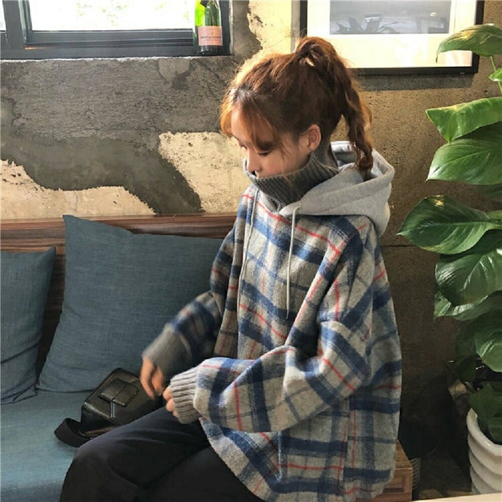 パーカー 女性 | ハイネック チェック柄 オーバーサイズパーカー