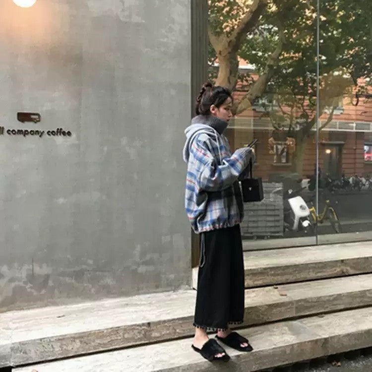 パーカー 女性 | ハイネック チェック柄 オーバーサイズパーカー