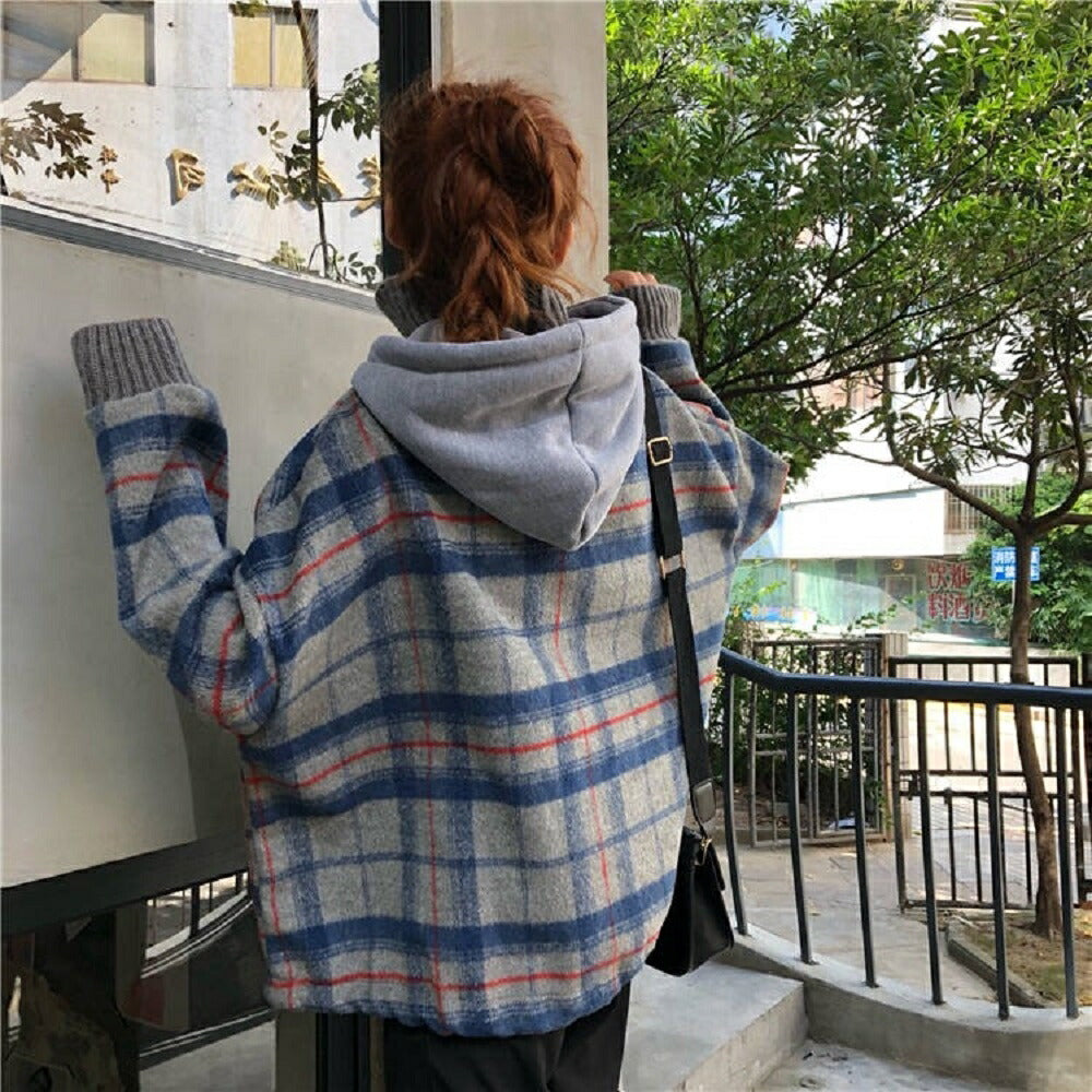 パーカー 女性 | ハイネック チェック柄 オーバーサイズパーカー
