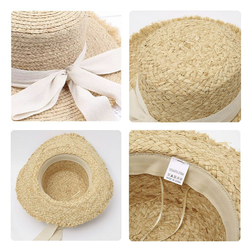 キャップ | アイボリーリボン付きフリンジ麦わら帽子 レディースフリーサイズ