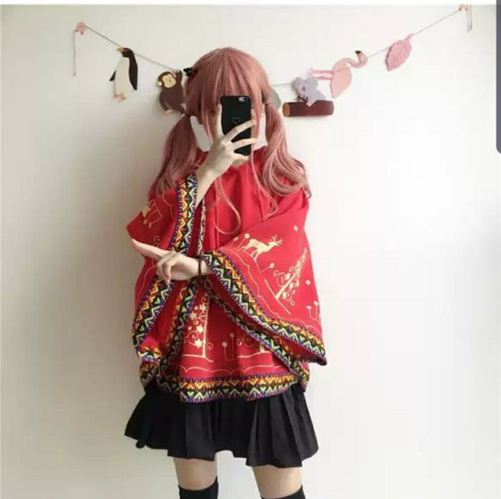 パーカー 女性 | レッド トナカイ柄 クリスマス ポンチョ