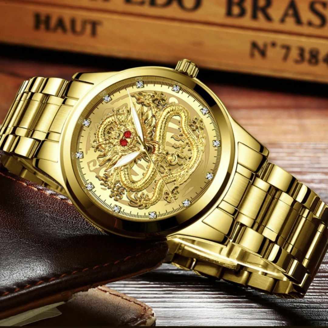 風水 時計 | 紅眼龍デザイン腕時計 - ゴールドorブラック