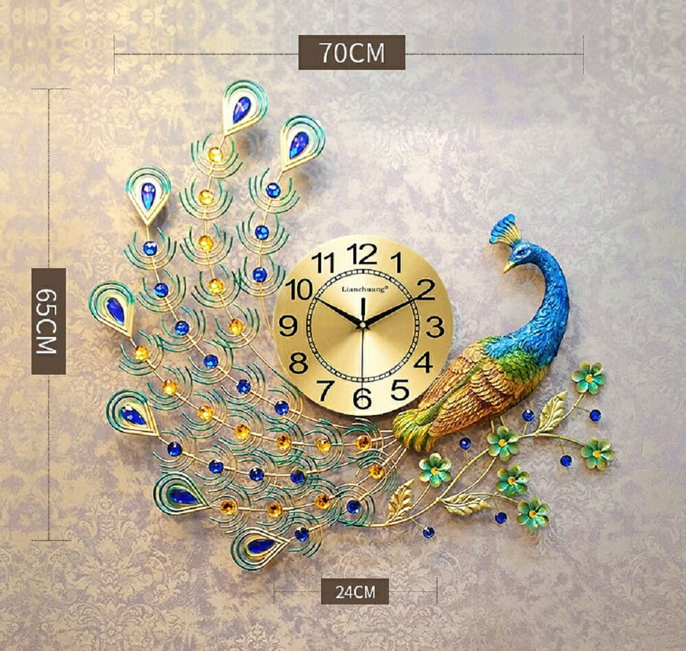 壁掛け時計 | 孔雀デザイン壁掛け時計 ゴールド＆ブルーストーン