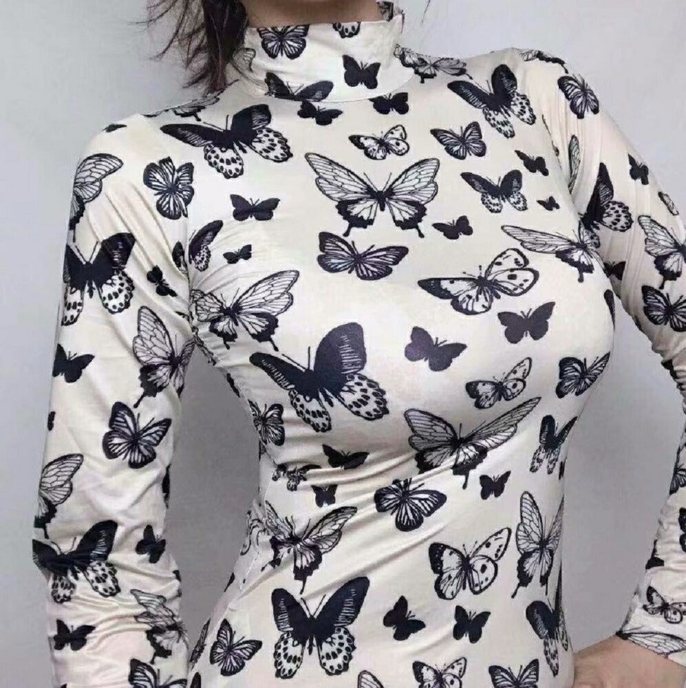 シャツ 女性 | オフホワイト バタフライ柄 ハイネックトップス