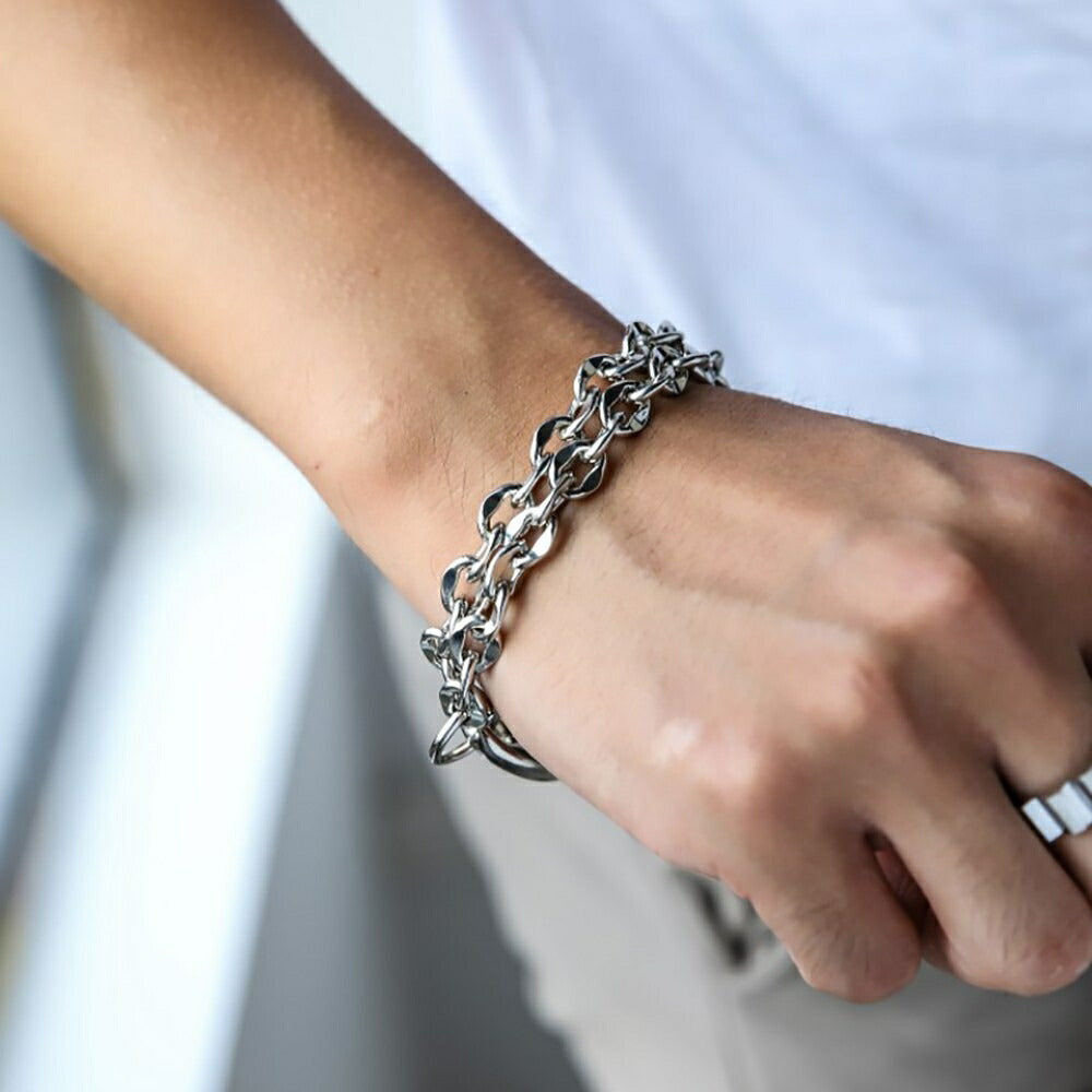 ブレスレット | クリップ式2連チェーンブレスレット 17cm【ユニセックス・HIPHOP】