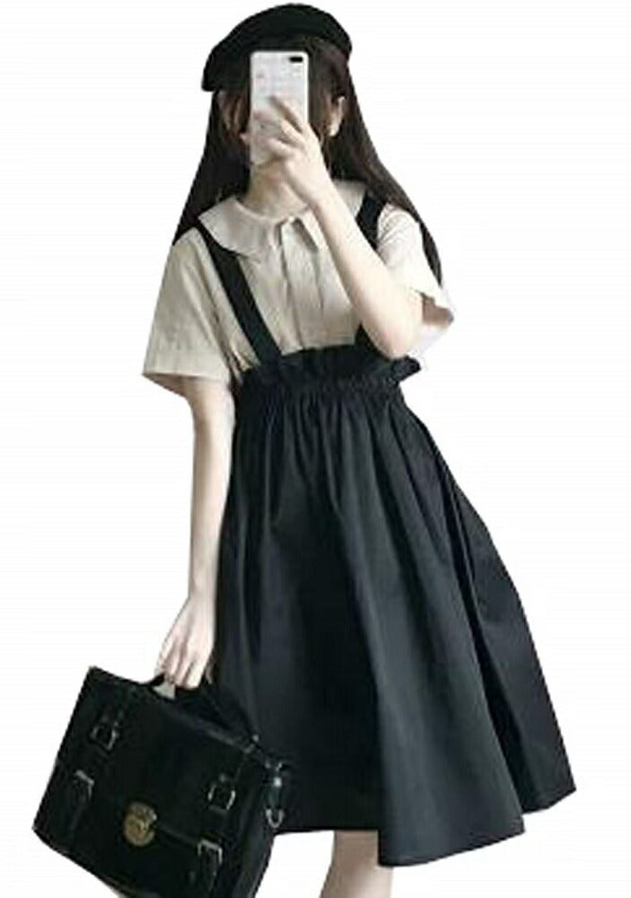 ボトムス 女性 | ブラック無地フレアサスペンダースカート