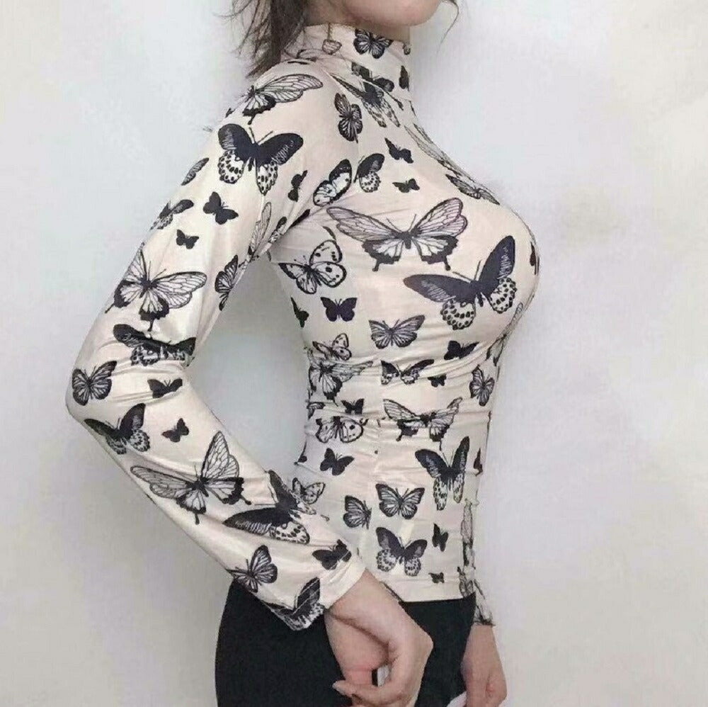 シャツ 女性 | オフホワイト バタフライ柄 ハイネックトップス