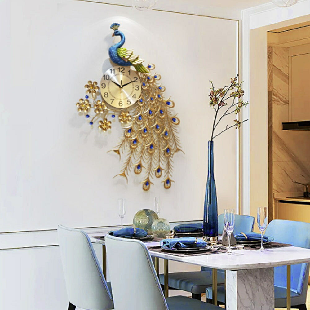 壁掛け時計 | 特大孔雀デザイン壁掛け時計 88cm - ブルーストーン