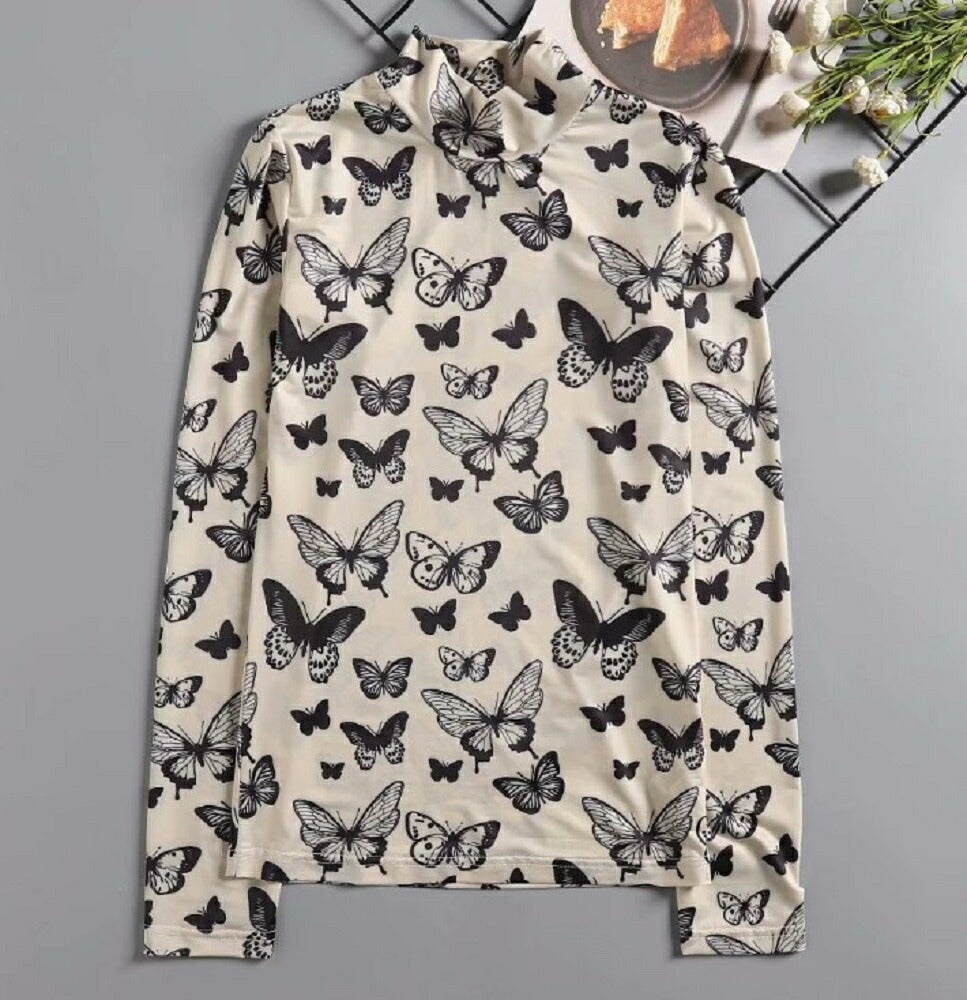 シャツ 女性 | オフホワイト バタフライ柄 ハイネックトップス