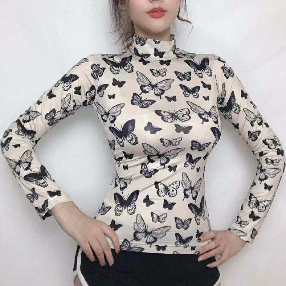 シャツ 女性 | オフホワイト バタフライ柄 ハイネックトップス