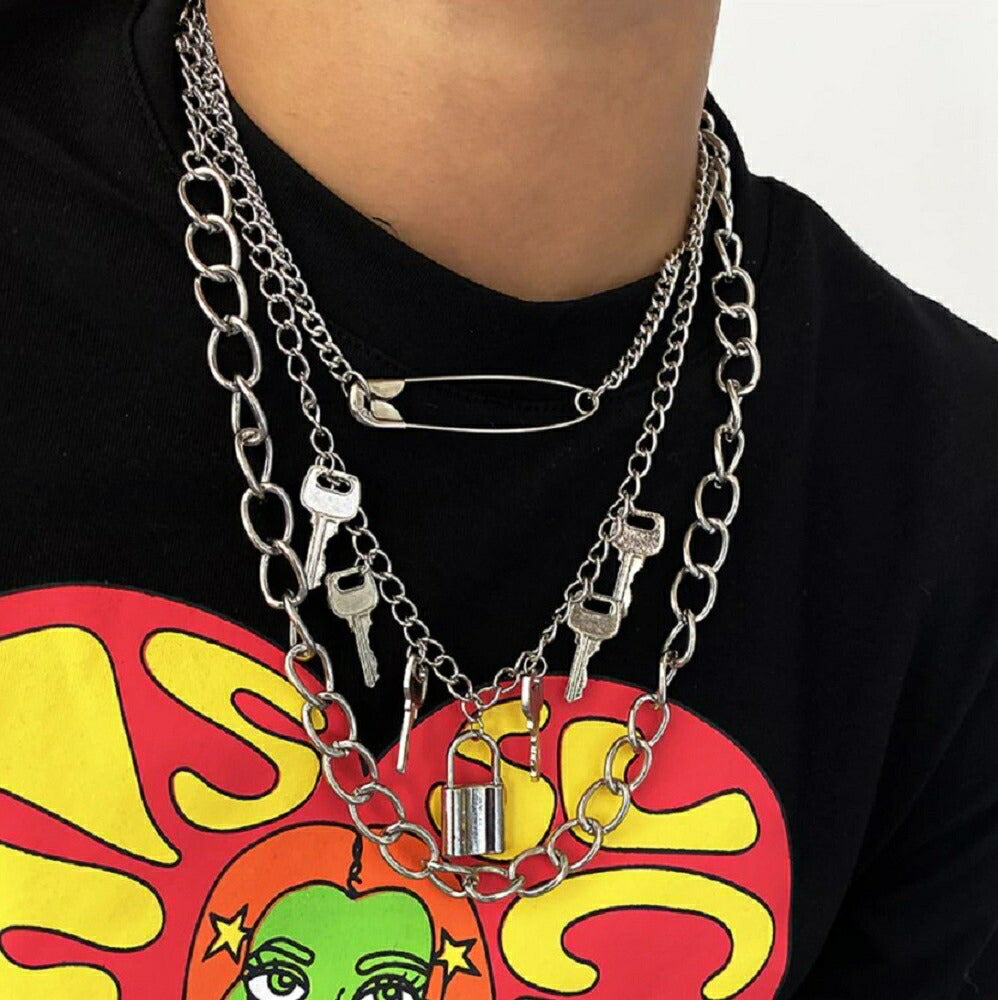 ネックレス | ハート＆キー南京錠デザイン ネックレス - シルバー【メンズ・レディース】