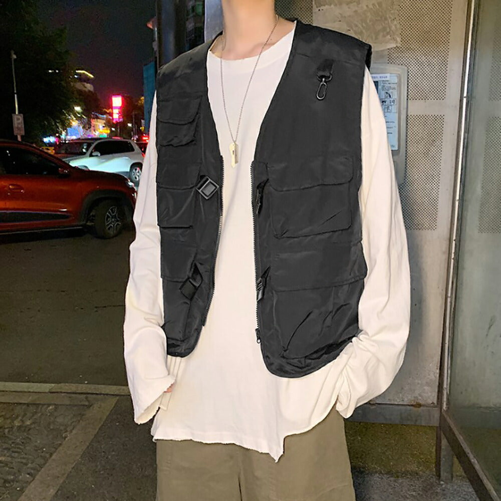 男性ファッション その他 | 黒無地メンズフィッシングベスト：多機能・多ポケット