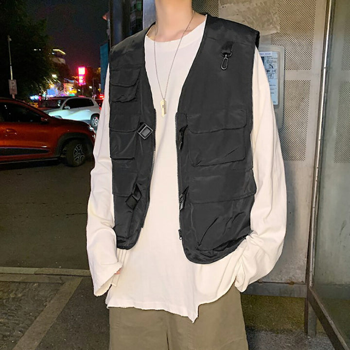 男性ファッション その他 | 黒無地メンズフィッシングベスト：多機能・多ポケット