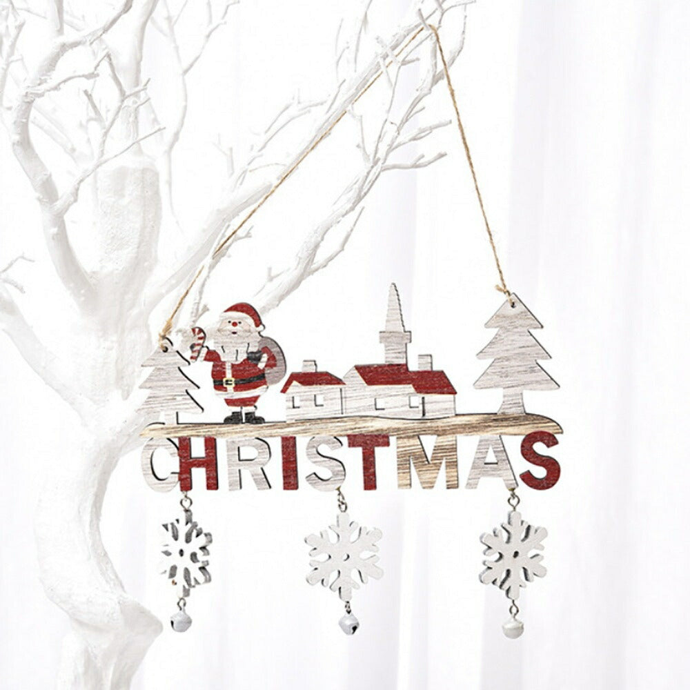 イベントグッズ | クリスマス木製サンタドア飾り（鈴・雪の結晶付き）