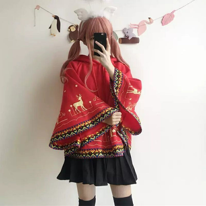 パーカー 女性 | レッド トナカイ柄 クリスマス ポンチョ