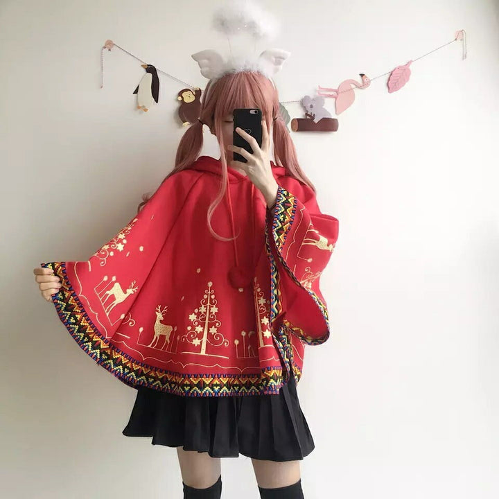 パーカー 女性 | レッド トナカイ柄 クリスマス ポンチョ