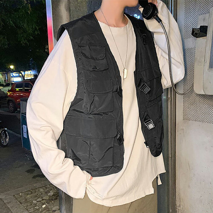 男性ファッション その他 | 黒無地メンズフィッシングベスト：多機能・多ポケット