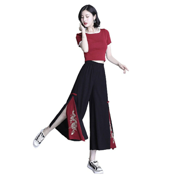 ボトムス 女性 | 龍刺繍ワイド袴パンツ 和風デザイン