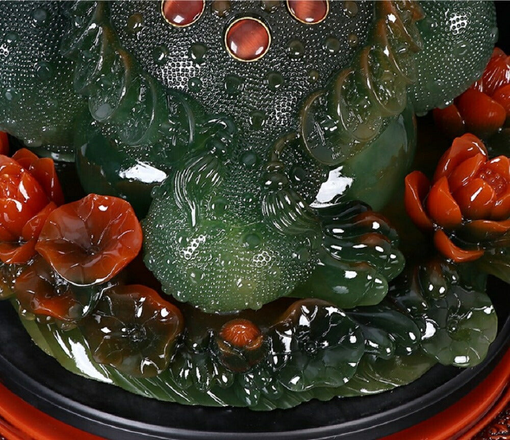 風水 インテリア | 蓮の花に座る特大風水カエル - 金運・商売繁盛・開店祝い