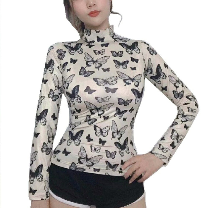 シャツ 女性 | オフホワイト バタフライ柄 ハイネックトップス