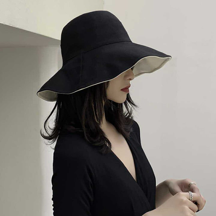 キャップ | リバーシブル帽子 バケットハット つば広 - ブラック/オフホワイト